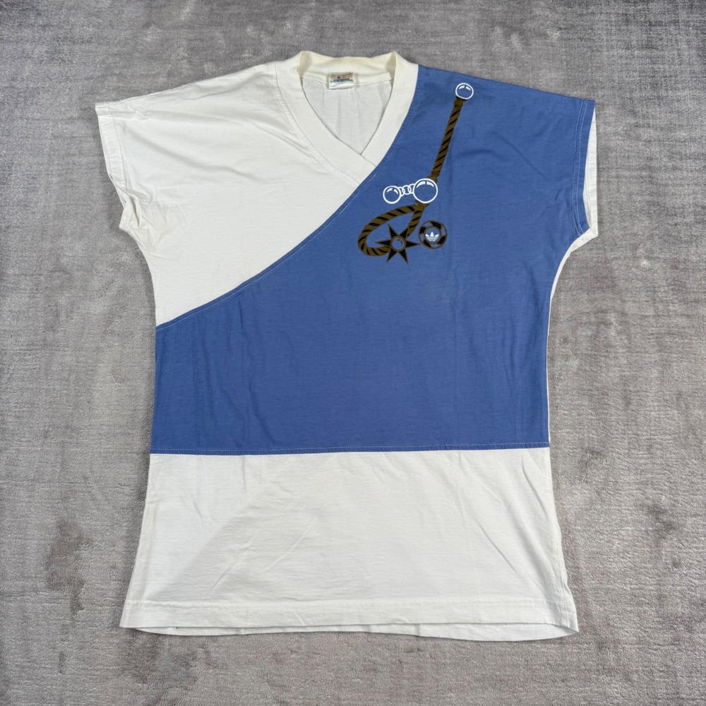 Adidas Shirt Mens Medium White Vintage V Neck Trefoil Nautical Made In Canada